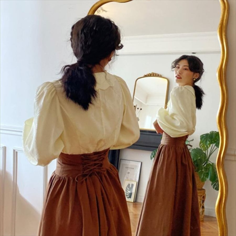 送料無料】 ロングスカート 2色 コルセット 編み上げ リボン ロング丈