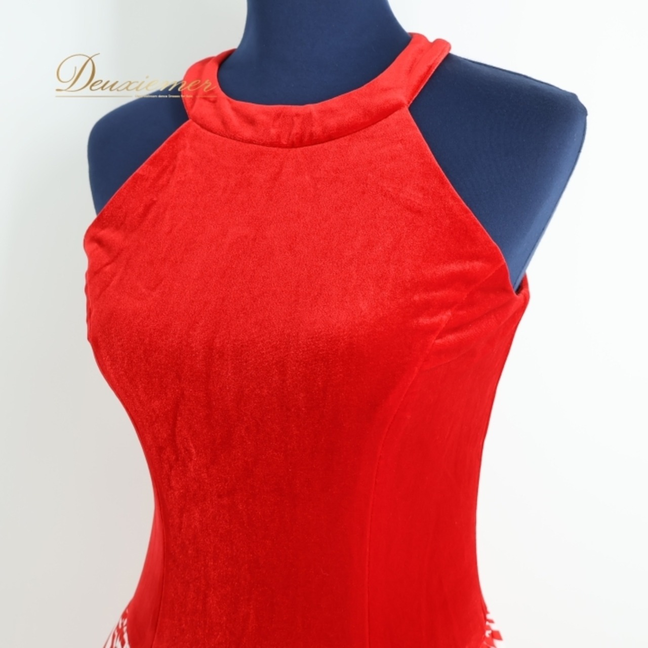 フラダンス 衣装 ワンピース ドレス レッド系 CC Fashions 赤 白 レフア柄 花柄 華やか 鮮やか ハワイ製 ハワイアン アロハ ベロア ノースリーブ ハワイアンプリント ホワイト系