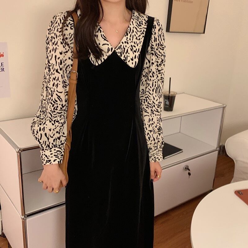 ワンピース レディース プルオーバー ミディアム丈 長袖 Vネック ストレート タイト 細身 Iライン ドッキング 重ね着風 かわいい 大人可愛い きれいめ シンプル カジュアル 大人 上品 おしゃれ 大人女子 こなれ感 ラブリー キュート ガーリー 個性的 送料無料 存在感 フリーサイズ ブラック ヒョウ柄 レオパード アニマル柄 秋 冬 10代 20代 30代 通勤 学生 通学 デート お出かけ 女子会 着回し 普段使い 韓国系 ファッション 双子 スタイル モテ トレンド 流行 インスタ映え
