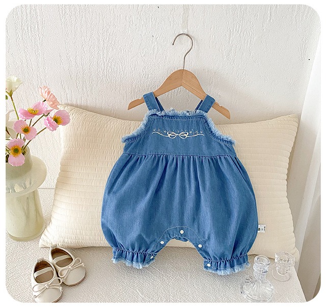 【BABY】星リボン刺繍デニムサロペットロンパース - 7