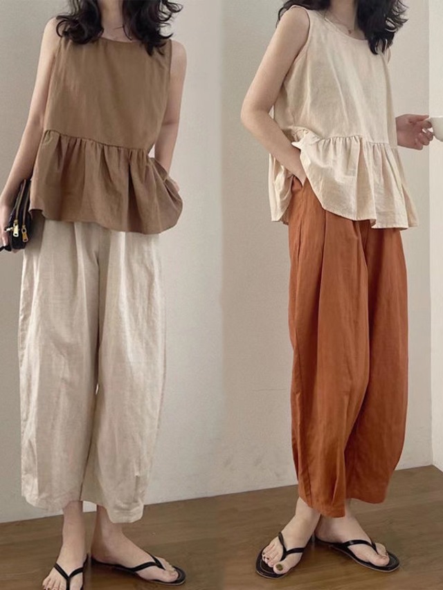 綿 リネン セットアップ ノースリーブ トップス クロップドパンツ 2点セット 上下セット レディース パンツ ボトムス 部屋着 9分丈 クロップド丈 袖なし ラウンドネック ペプラム 切り替え しわ加工 コットン 麻 かわいい 大人可愛い シンプル カジュアル おしゃれ レトロ こなれ感 ルーズ 無地 春 夏 秋 ママ 学生 学校 通学 デート お出かけ 旅行 公園 休日 体型カバー 普段使い 着回し M L XL 2XL 3XL 大きいサイズ ゆったり 黒 ブラック 茶色 ブラウン オレンジ