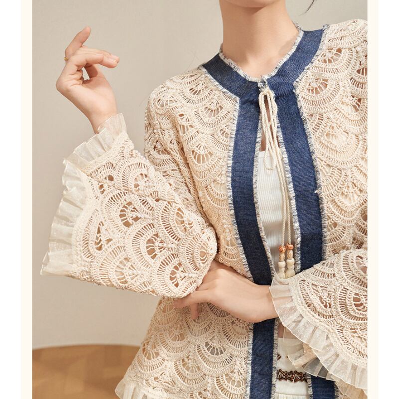 Denim-Trim Scallop Lace Cardigan S0250