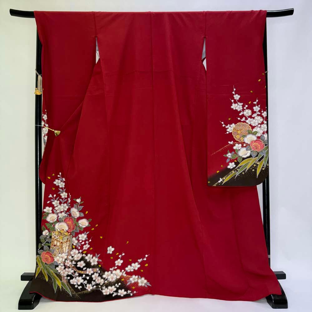 振袖 中古 赤 正絹 古典 裄68cm 身丈170cm 美品 L サイズ 成人式 4457