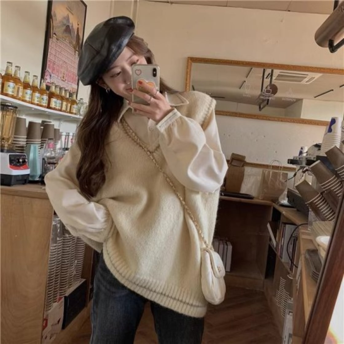 セットアップ レディース ニットベスト シャツ ブラウス 長袖 ニット  