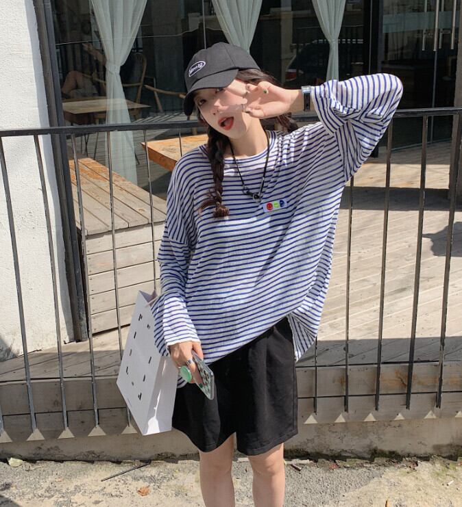 薄手ルーズTシャツ サマーカジュアルストライプトップス ロング 夏物 モンロー26562990703