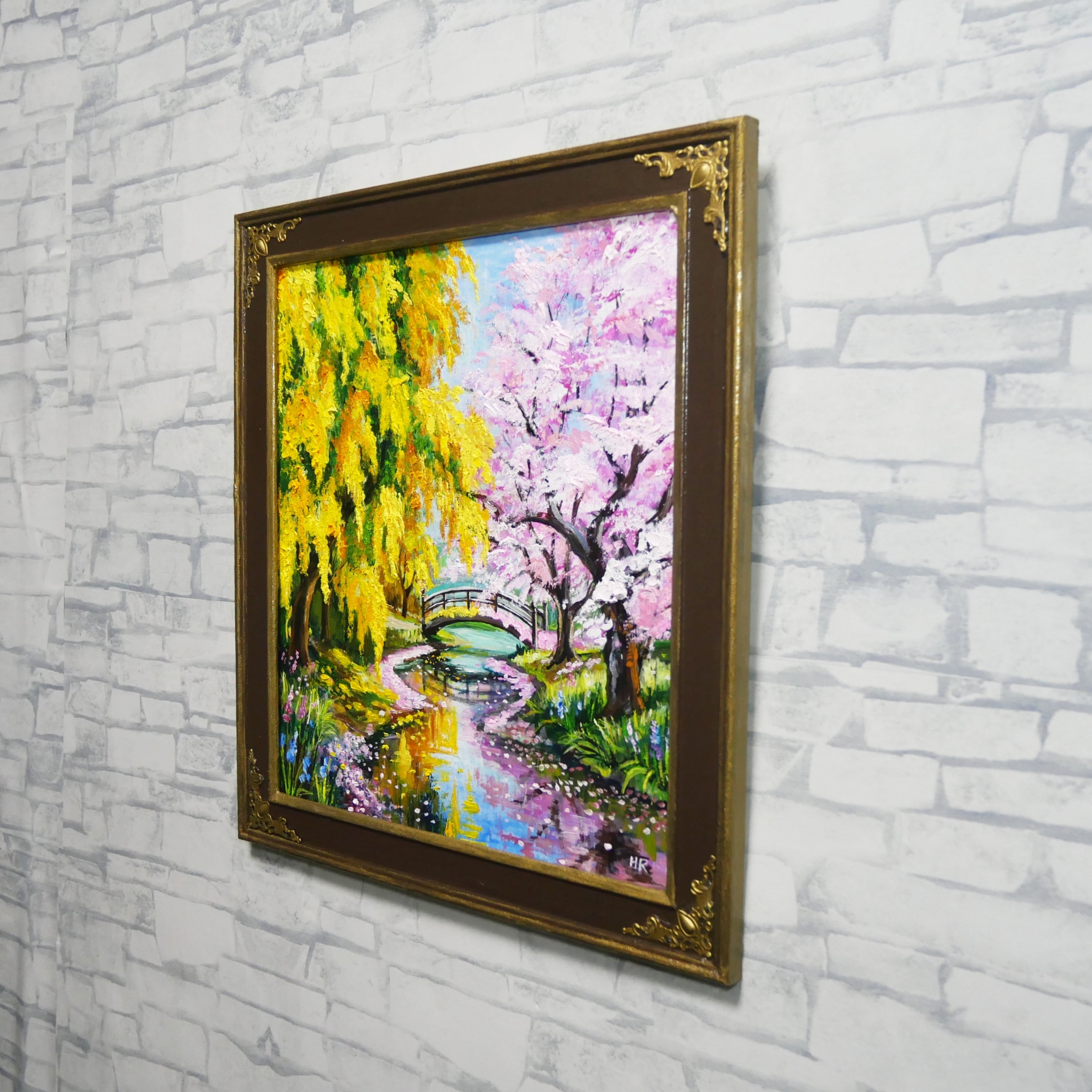 油絵 原画「陽だまりの庭園 〜桜とミモザの咲く日〜」 手描き 一点物