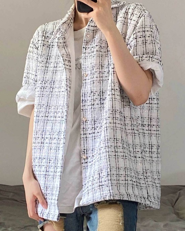 【韓国通販 dgo】ユニセックス チェック柄サマーシャツ ホワイト(M2253）センス溢れるファッションitem