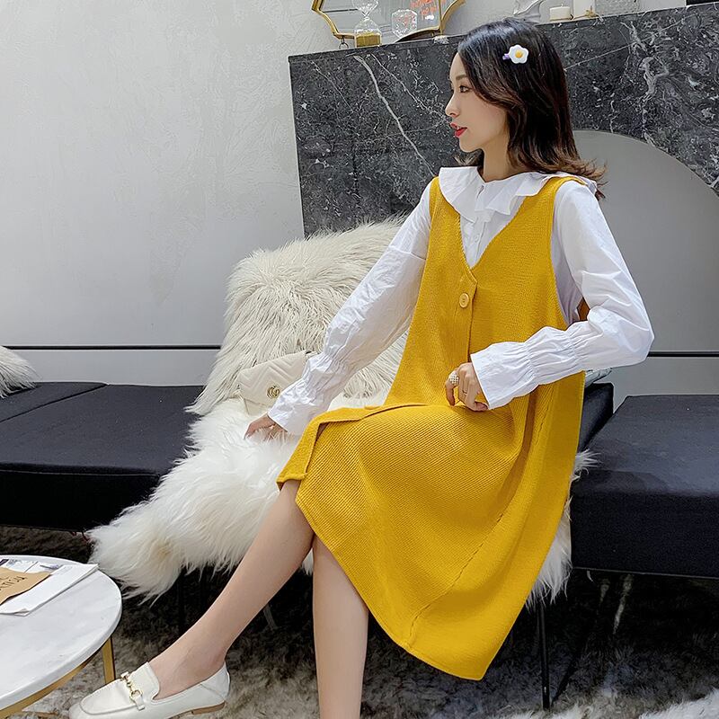 【新作】【送料無料】 マタニティウェア2019秋の新しいマタニティドレス、人形の襟の長袖+スリングチョッキニットツーピースセット-アリババ ロング オータム 秋物 expec211652242362