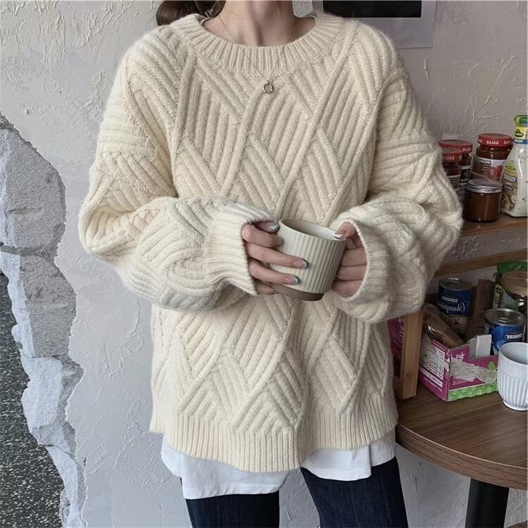 柄編みクルーネックニット　AJ1079-8046