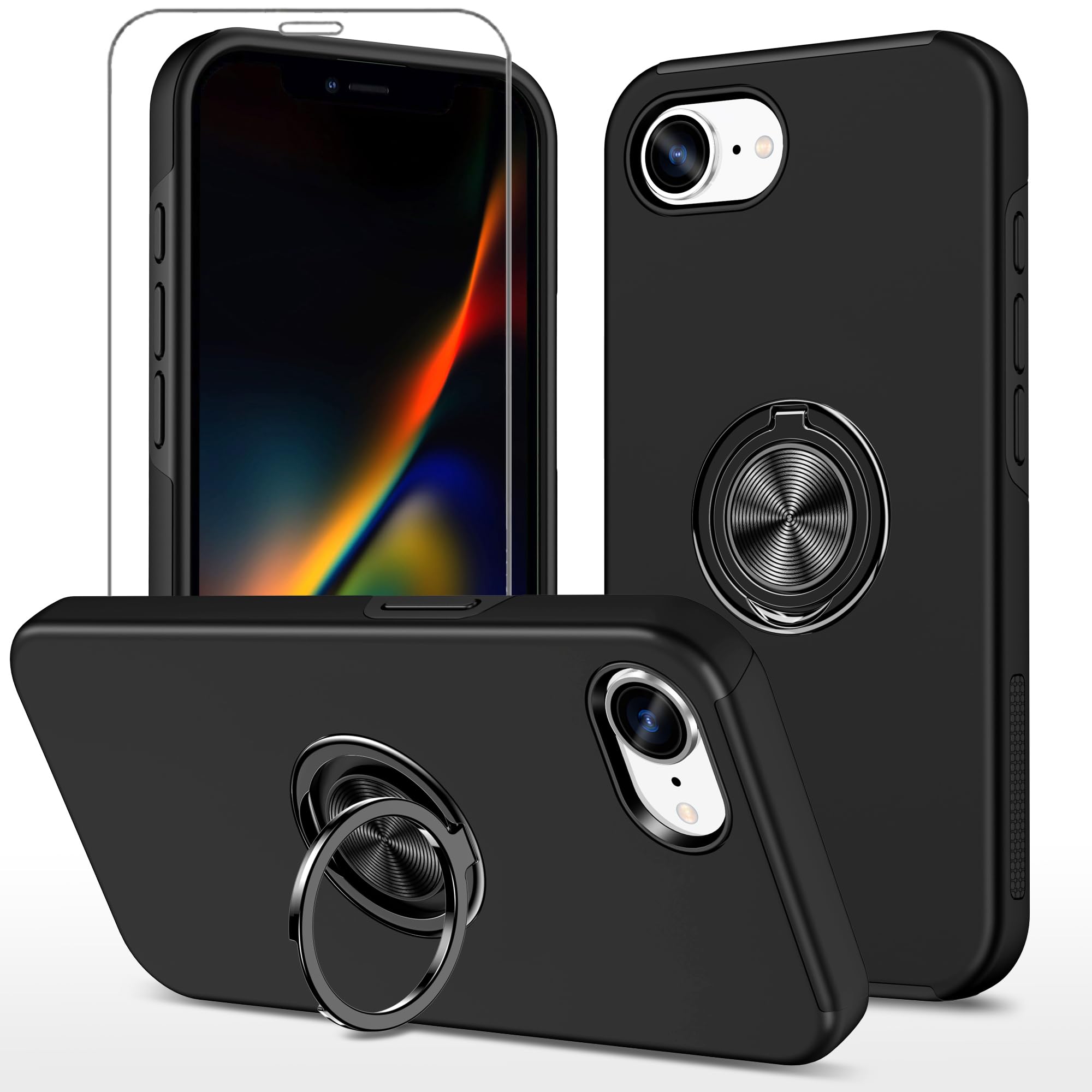 Cakublse iPhone 17e/16e 用 ケース +强化ガラスフィルム スタンド機能 耐衝撃 リング付き ブラック