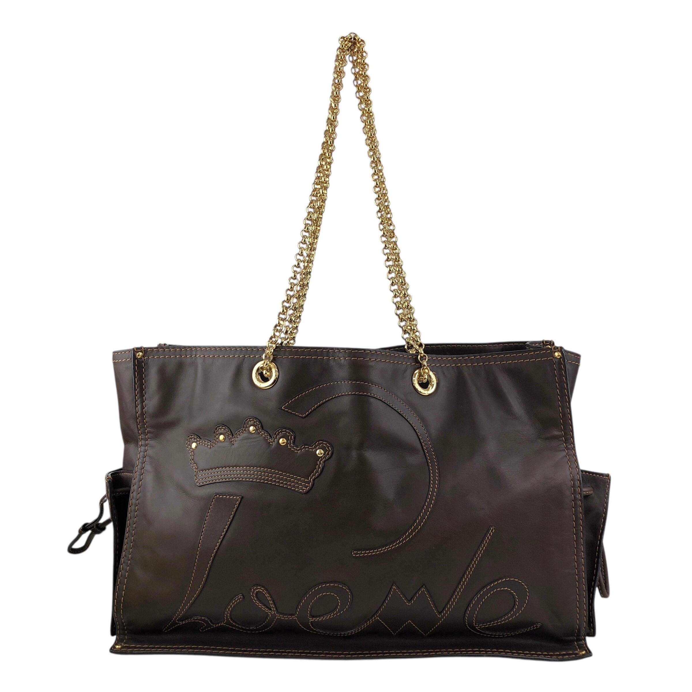 LOEWE ロエベ トートバッグ ブラウン ロゴ レザー チェーン vintage