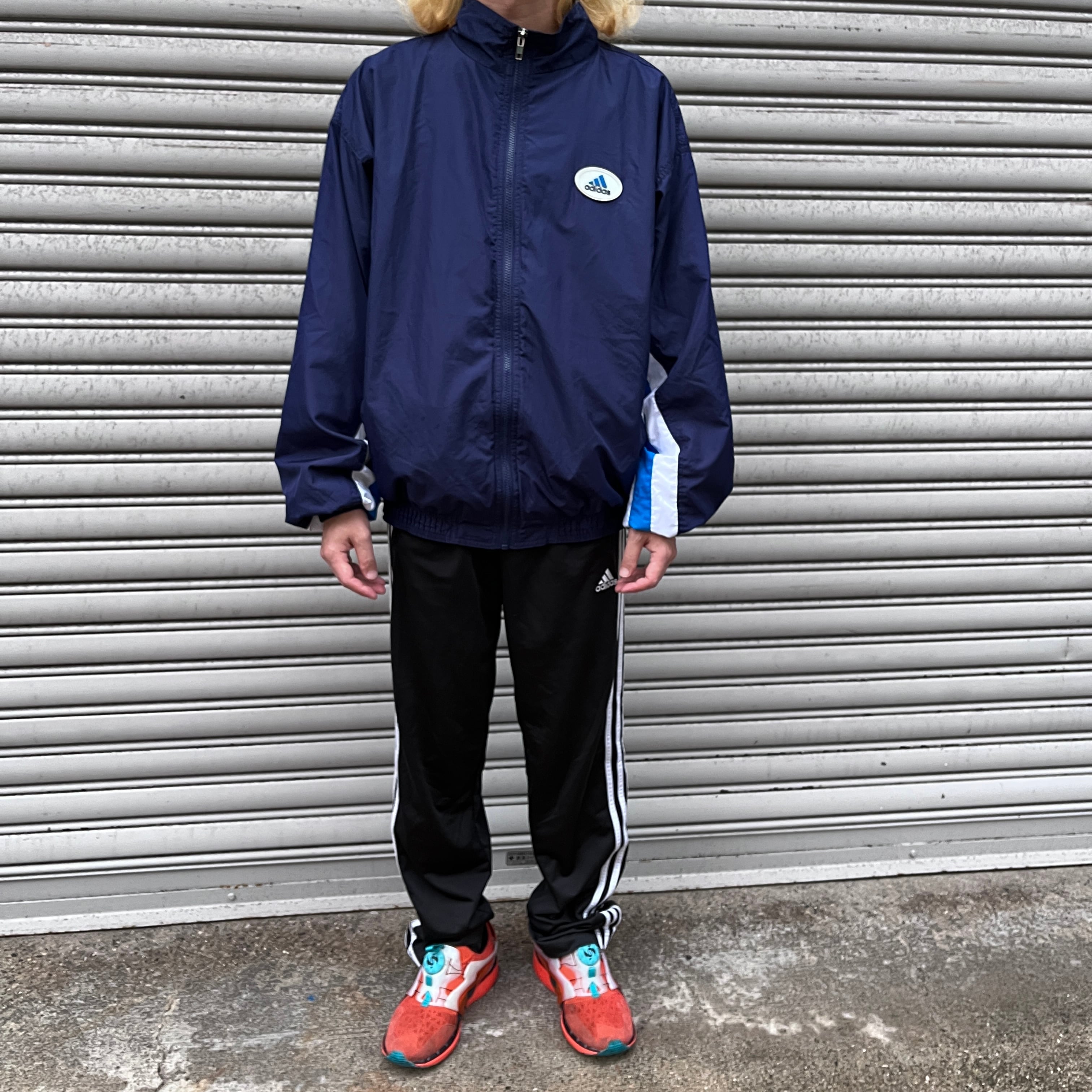 90s adidas 万国旗タグ ナイロンジャケット パフォーマンスロゴ 紺 L  