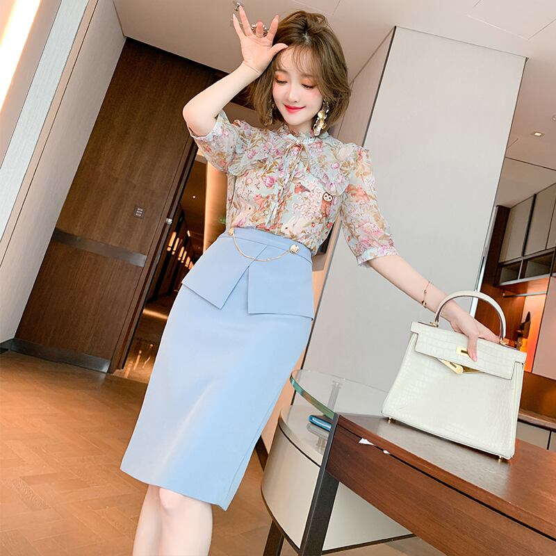 レースプリントシャツ ウェストAラインスカート セット スプリング 春物 サマー 夏物 ステッチ MIUCO42124655715