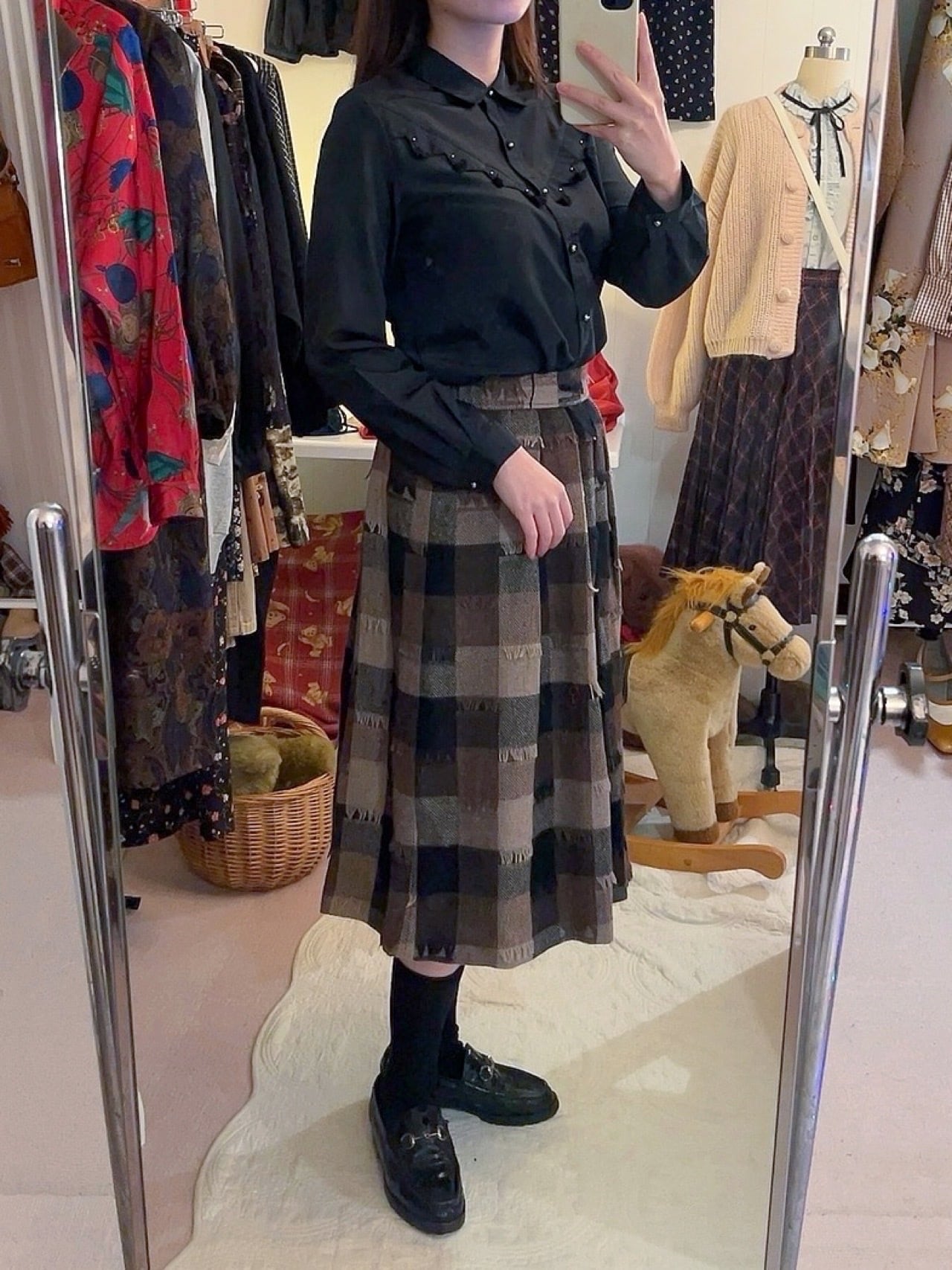 block check fringe wool skirt