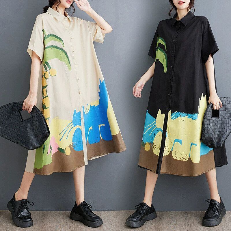 PRINT HALF SLEEVES A-LINE MIDI SHIRT DRESS 2colors M-14109