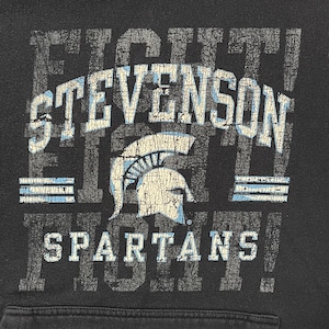 【OURAY SPORTWEAR】高校 Stevenson Spartans フットボール プリント アーチロゴ ヒビ割れ加工 ヴィンテージ 加工 パーカー スウェット プルオーバー フーディー L相当 US古着