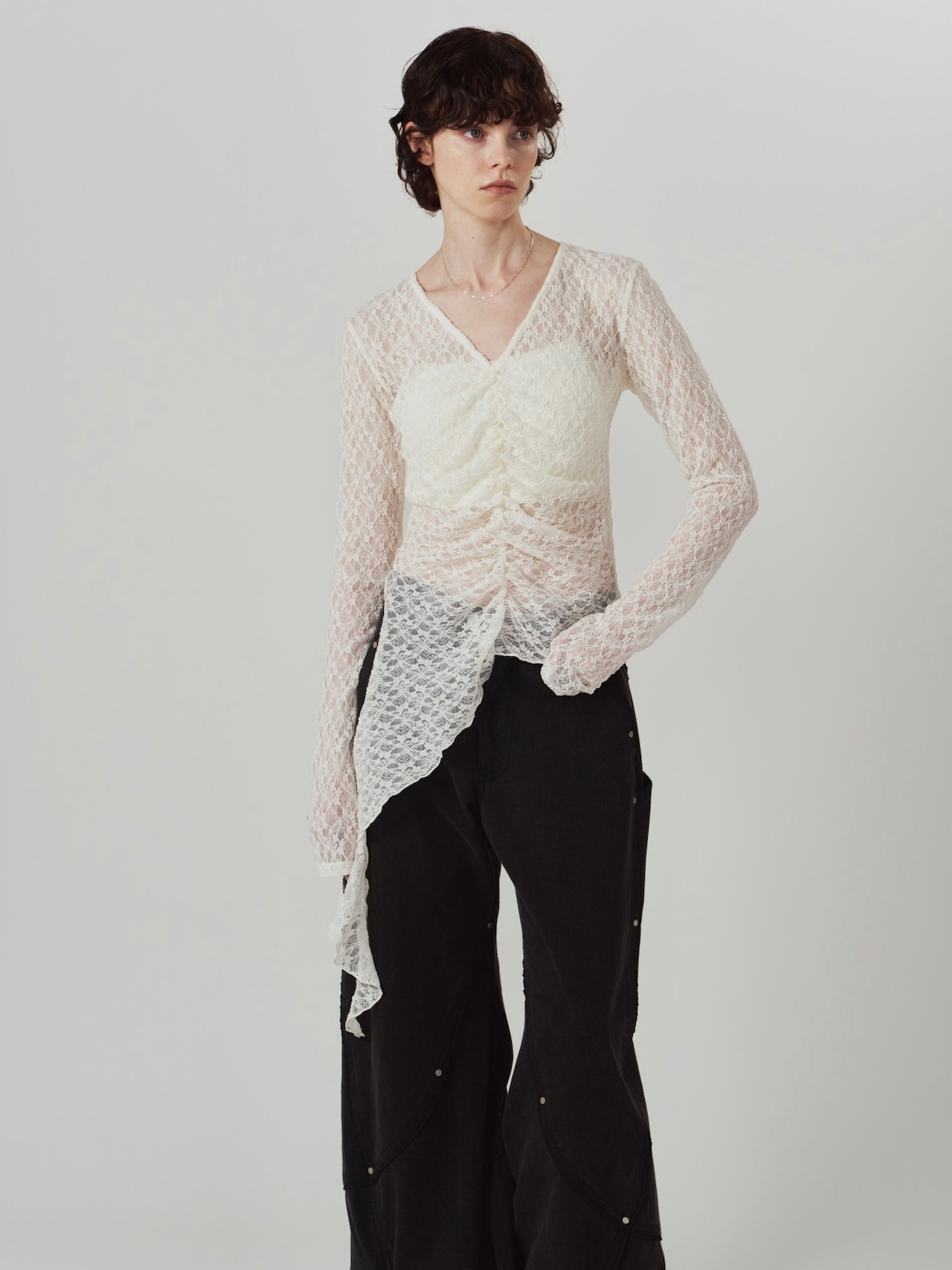 Lace Gathered Top / WHITE - 1