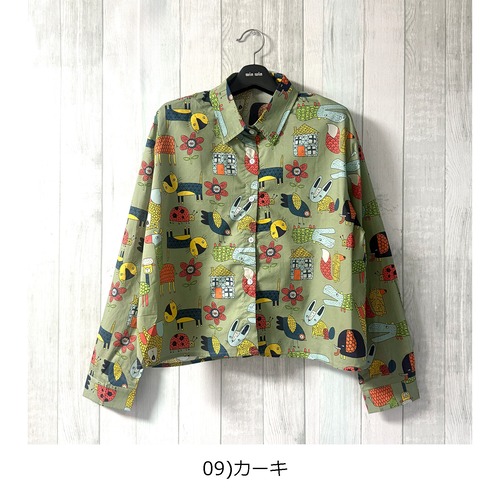 【新作】ユニークアニマル柄プリントシャツ　ショート丈 長袖　ボックス　綿100％　3色展開