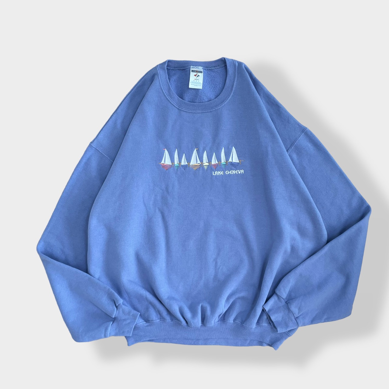 【JERZEES】スウェット 刺繍 LAKE GENEVA ジュネーヴ湖 レマン湖 ヨットトレーナー プルオーバー パステルカラー ライトパープル X-LARGE US古着
