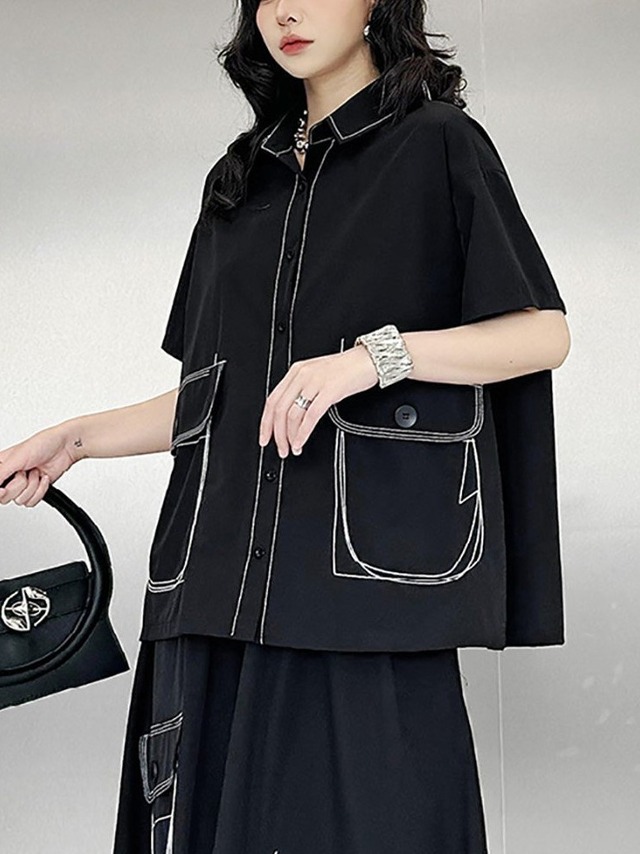 Contrast stitch loose short sleeve shirt [T2907]