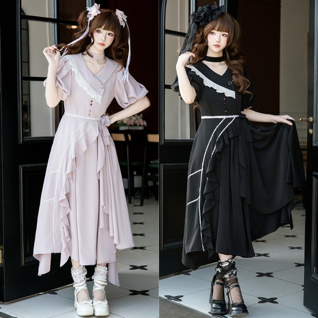 ロリィタ ロングワンピース 斜めフリル 推し活｜天使と悪魔