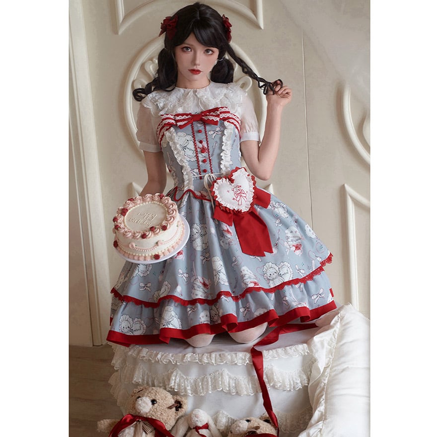 ジャンスカ キャミワンピース リボン フリル レース ぬいぐるみ柄