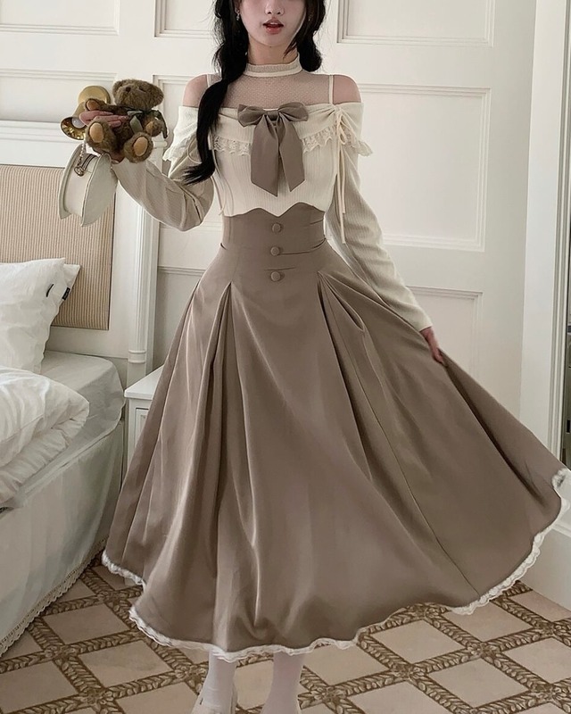 ココアリボンオフショルレースワンピース　25WP08130