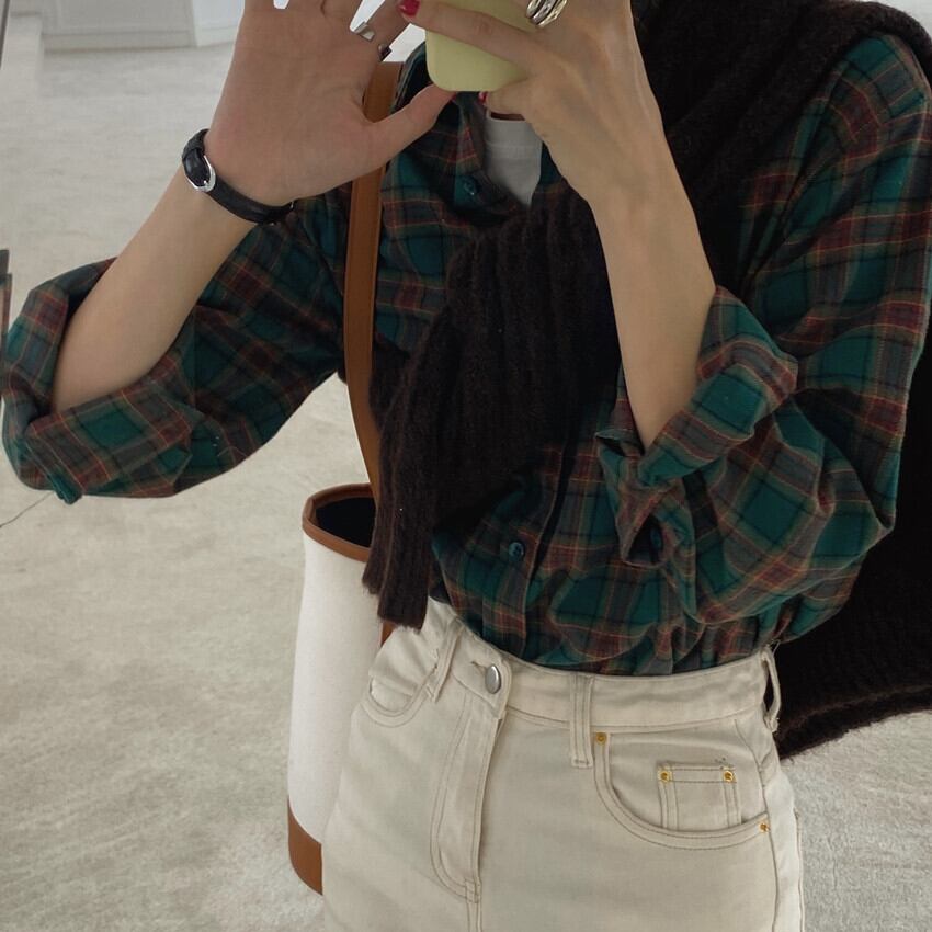 カラー格子柄シャツ ラウンドネックプルオーバー セーター レディース ロング Oネック ビッグFスモールZ韓国84710438625