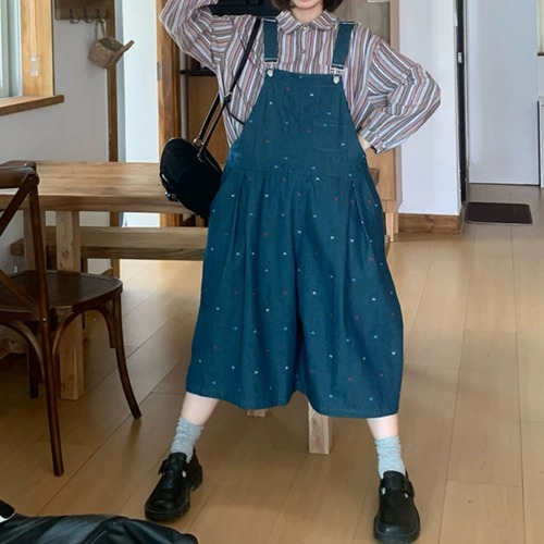 ハート刺繍デニムサロペットパンツ ・12547