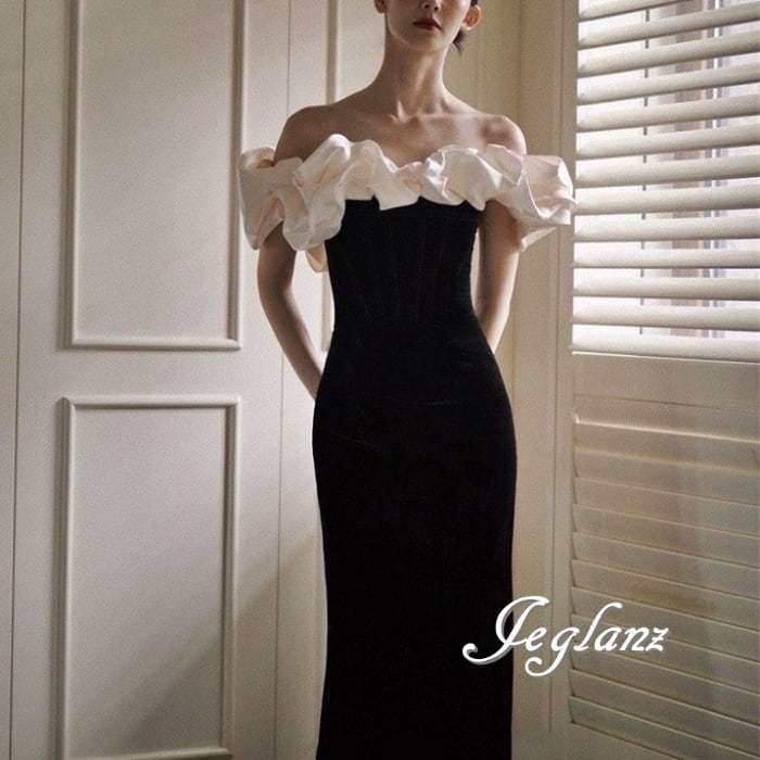 美ライン ベルベット調 ウエディング カラードレス 配色 オフショル 編み上げ (M7762)π