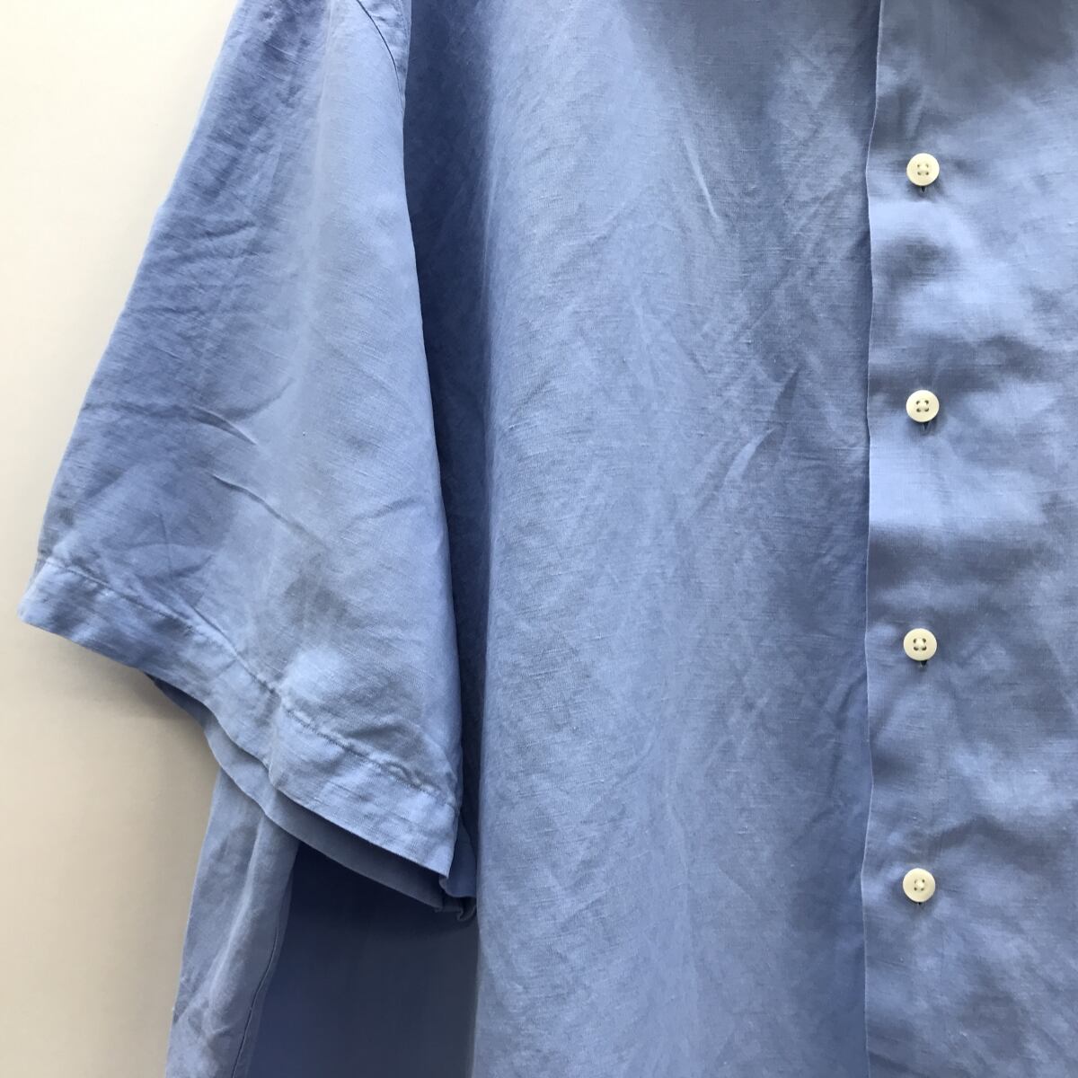 ラルフローレン CLASSIC FIT オープンカラー 半袖リネンシルクシャツ 開襟シャツ 裾ワンポイント 超。ビッグサイズ！ イエロー ポニーロゴ  刺繍 旧タグ US 4XBサイズ アイスブルー