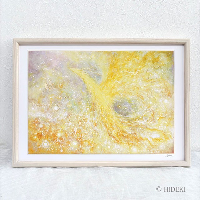 鳳凰の絵 金運 風水 開運『金の羽ばたき』HIDEKI 直筆サイン入り ヒーリングアート スピリチュアルアート（A3横型額入り / HYMジクレー / 乳白アッシュフレーム・UVカット仕様）