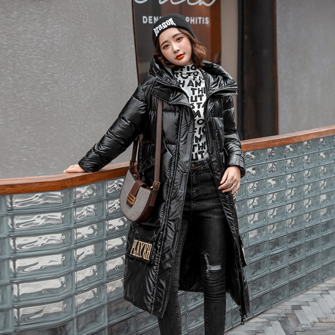 X-ロング印刷パーカー女性の冬のコートフード付き厚いフグジャケット 
