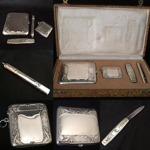 Art nouveau Silver cigarette case, vesta case, knife, pencil