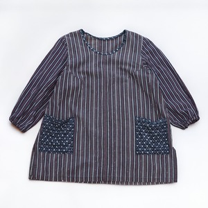 古布 リメイクチュニック ハンドメイド品｜縞×藍染絣 木綿 ヴィンテージ生地使用