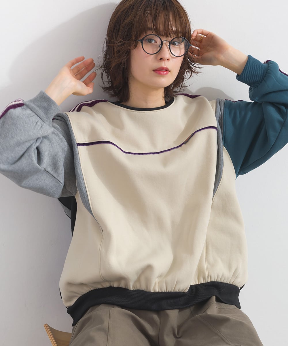 K54029 裏起毛ニットフリースモールテープ使いモックネックプル