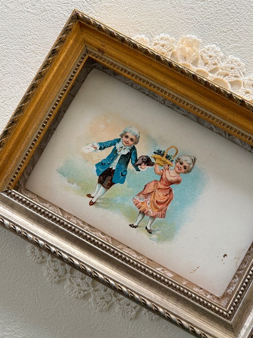 アンティークポストカード 小さな可愛いカップル 貴族柄 フランス 額装 インテリア コレクション コラージュ