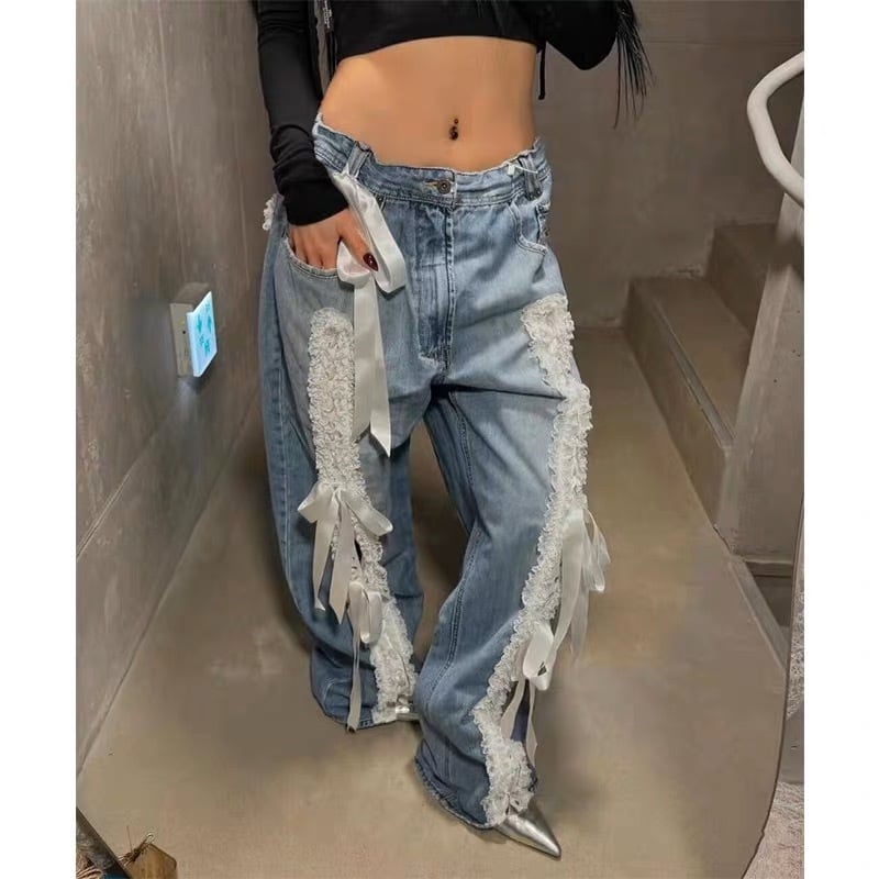 受注】Center lace ribbon denim pants （センターレースリボンデニム