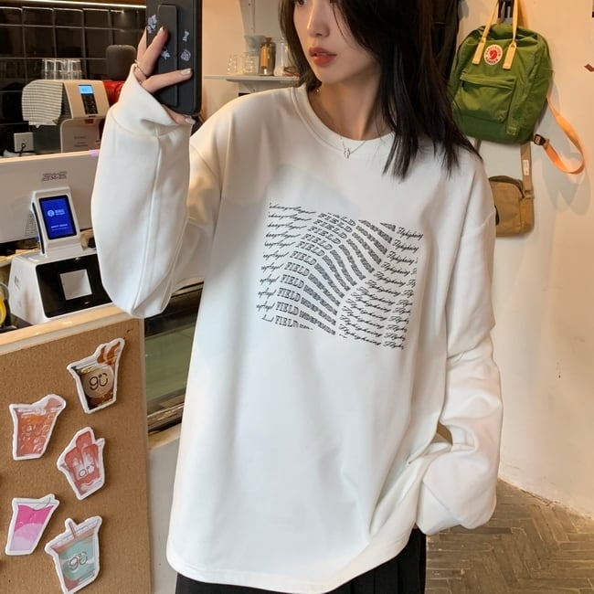 プリント オーバーサイズ Tシャツ トレーナー L 長袖 白 ホワイト 韓国