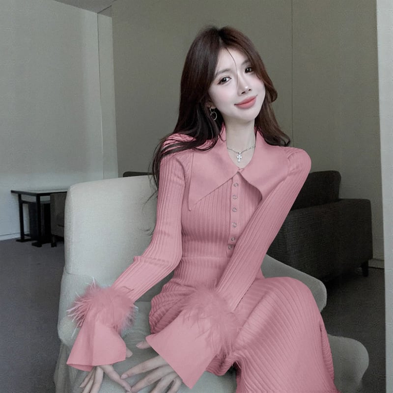 【dress】袖ファーニットワンピース Q7123