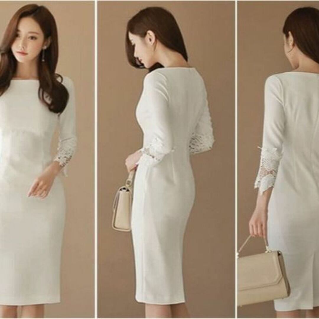 レディース XL ホワイト 白 袖レース タイト ひざ丈 ワンピース 7分袖