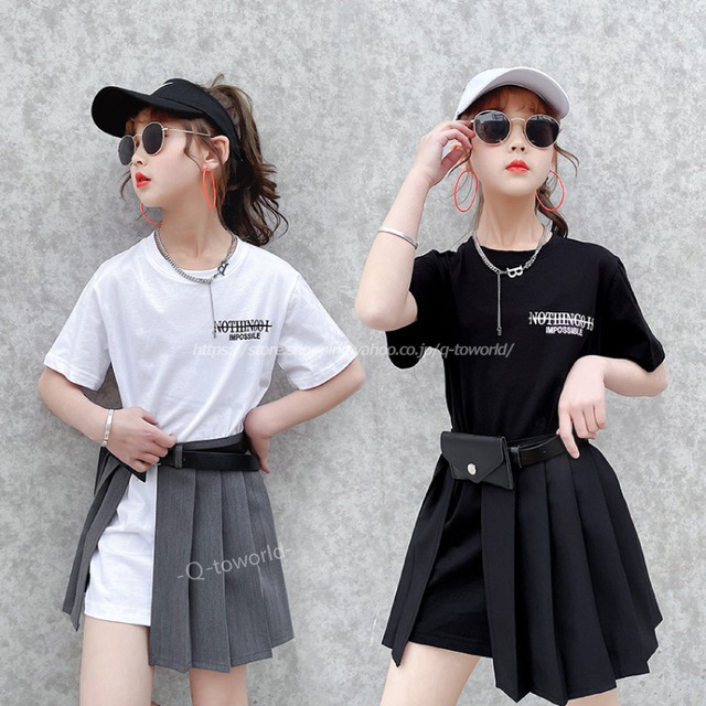 【110㎝-160㎝】3点セット　ワンピース＋スカート＋ウエストバッグ　女の子　半袖　全２色 　韓国子供服　子供服