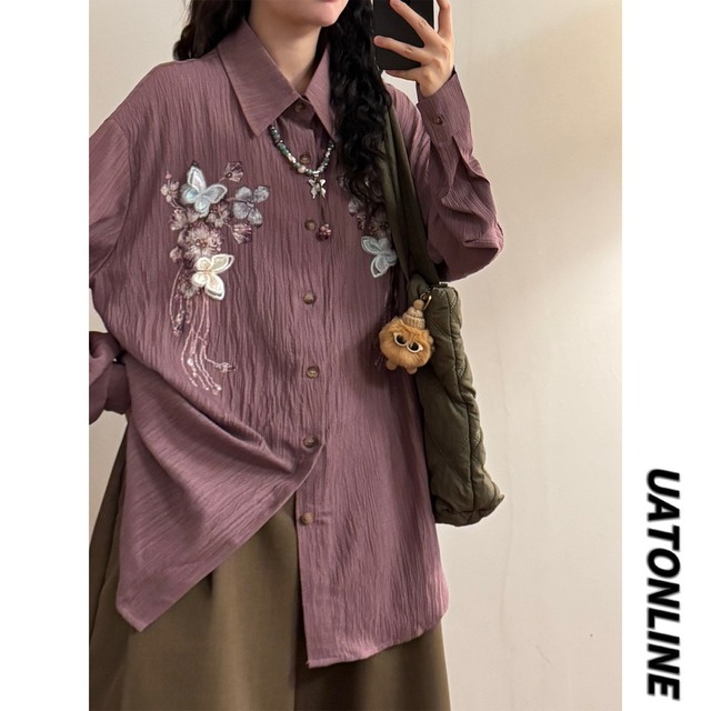 【UATONLINEシリーズ】★シャツ★ 2color ユニセックス トップス メンズ カジュアル 長袖 花柄 蝶々