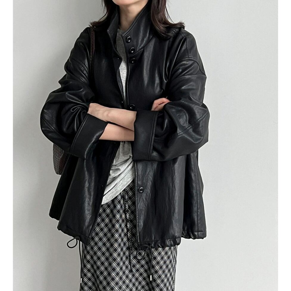 faux leather high neck jacket / l0864