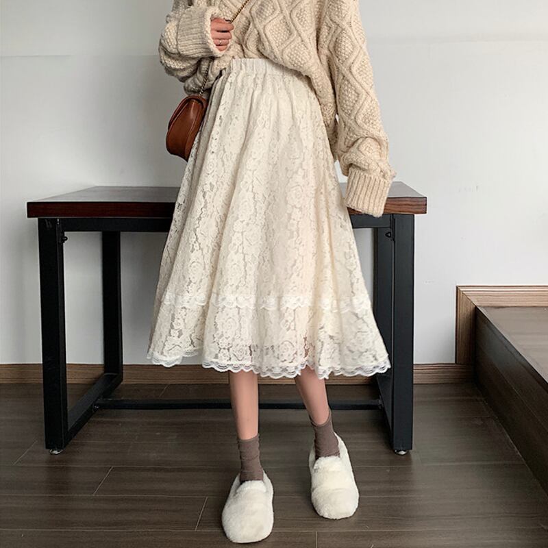 レーススカート ハイウェストウェストスプリング薄手 大人ガーリー スウィート キュート カジュアル 春物 萌量不足24109378022
