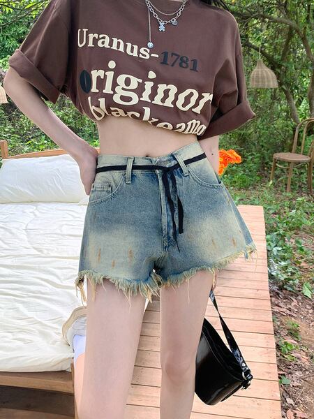 【新作】【送料無料】 ホットガールローエッジワイドレッグデニムショートパンツ女性の夏 2022 新しいレトロなディストレストニッチアウターウェアホットパンツトレンド 0335187948108