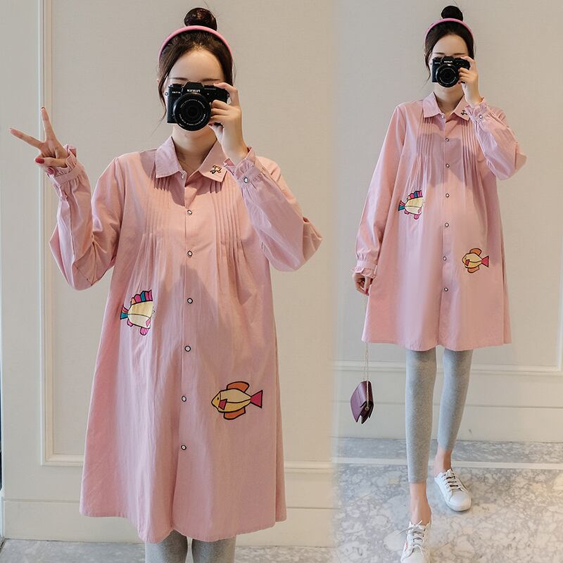 【新作】【送料無料】 181＃マタニティドレス春秋コットン長袖ルーズスタイリッシュシャツブラウスドレス妊婦ママドレス ロング スプリング 春物 オータム 秋物 AL expec344449061248