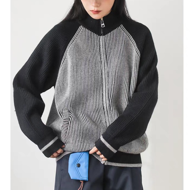 配色リブ編みスタンドカラーカーディガン