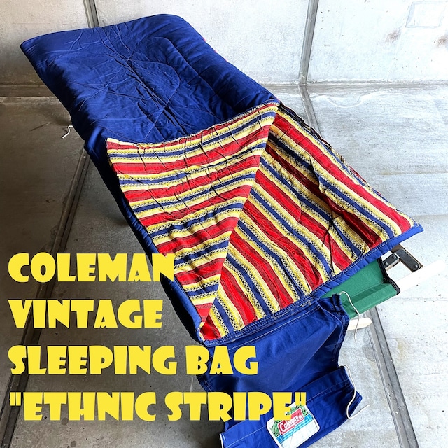 コールマン ビンテージ スリーピングバッグ パッチワークプリント ブルー 70年代 IDEALジップ コットン 寝袋 シュラフ COLEMAN キャンプ H