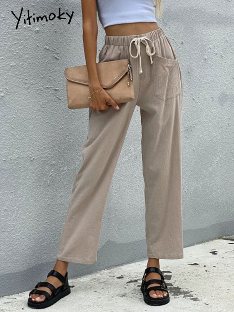 Yitimoky 巾着パンツ レディース ワイドレッグ ストレート コットン パンツ ウエストゴムバンド スプリングボトムス ポケット付き  エラスティック 伸縮 春物 ワイドパンツ 服レディース 0059775143240407 | BAE ON FLEEK　 ファッション・インテリア・雑貨・ホビー
